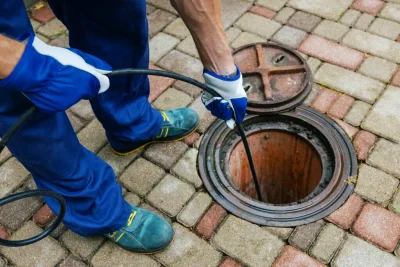 Plumber cleaning an outdoor sewer drain in Vancouver