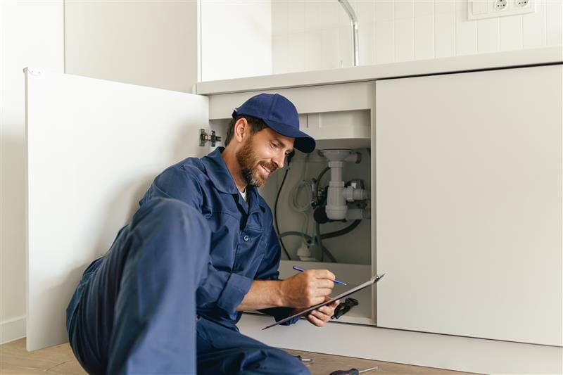 Residential plumber reviewing plumbing repairs in a Vancouver kitchen