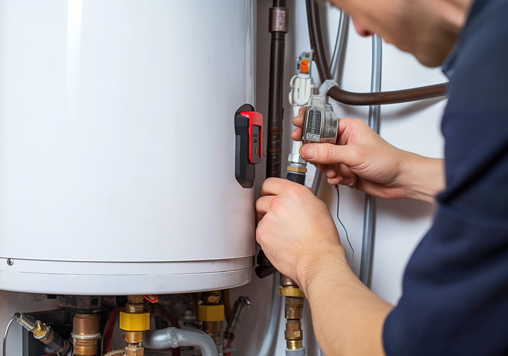 Technician repairing pipes connected to a water heater in Vancouver